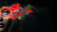 half a womans face to the left side with red and yellow smoke covering her eye like a mask on a black background