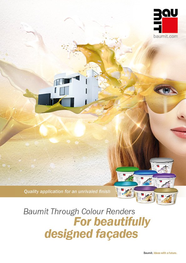Half a womans face with blonde hair with a gold mask next to a modern building with Baumit logo above and Baumit products below 