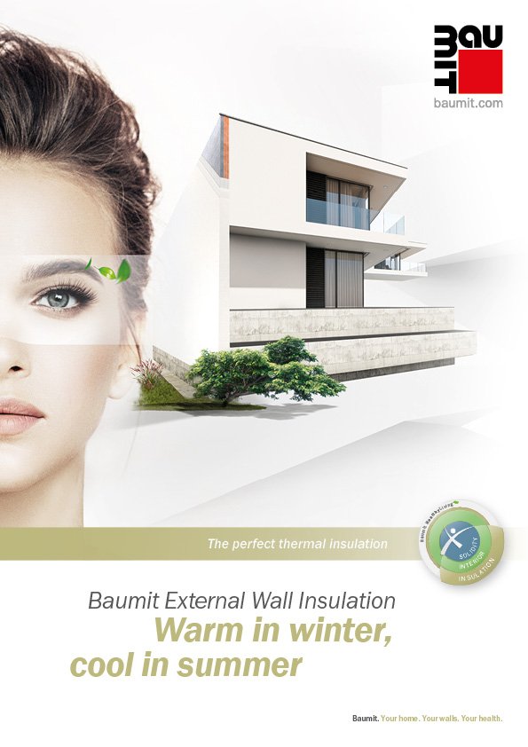 Half a womans face with brown hair and leaves above her eyebrow next to a modern building with Baumit logo above - banner "Baumit wall insulation"