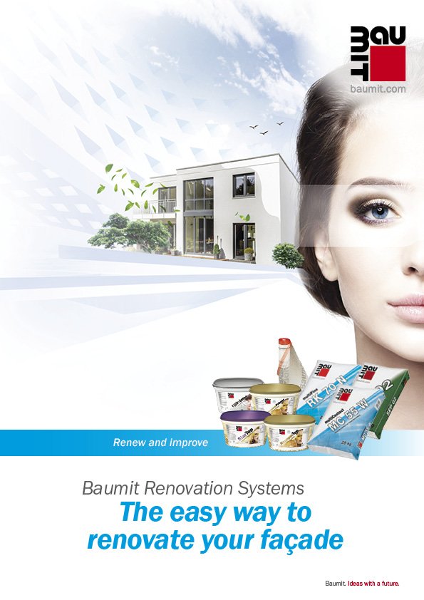 Half a womans face with brown hair and dark eye makeup next to a modern building with Baumit logo above and Baumit products below - banner "Baumit renovation services"